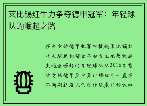 莱比锡红牛力争夺德甲冠军：年轻球队的崛起之路